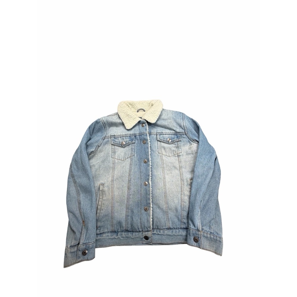 Working Title Denim Jacket Women L Blue Sherpa Lined Trucker Faux Fur Light Wash